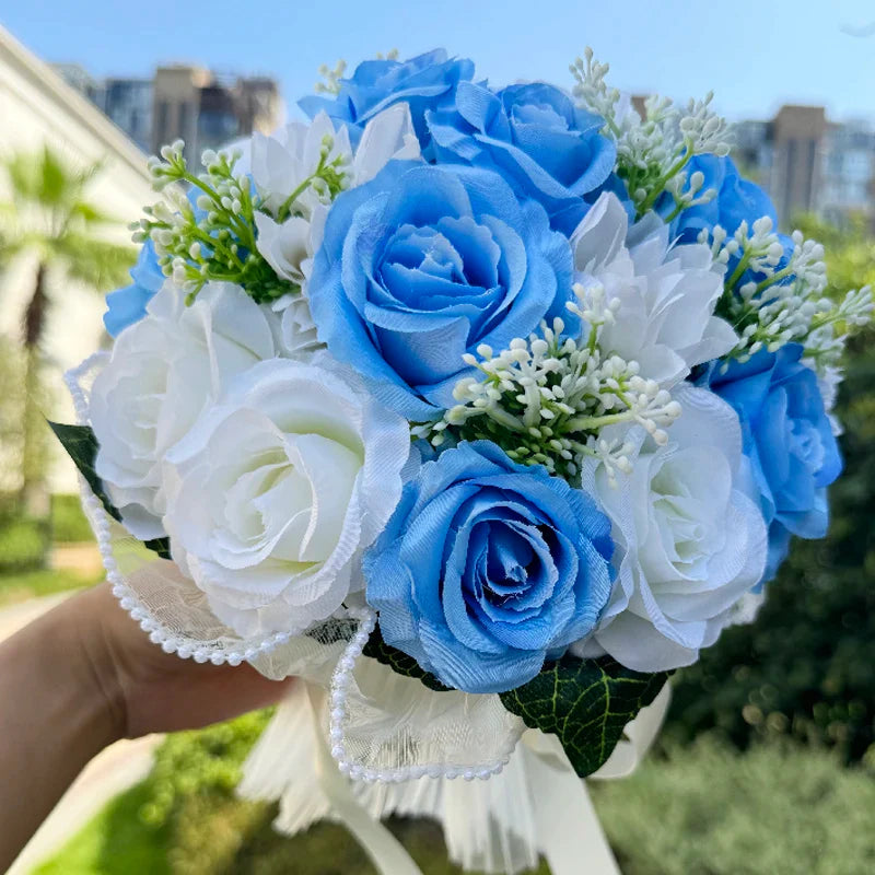 Stylishly designed wedding bouquet with soft silk petals and babysbreath roses, enhanced with sophisticated pearl lace, a stunning choice for bridesmaids.