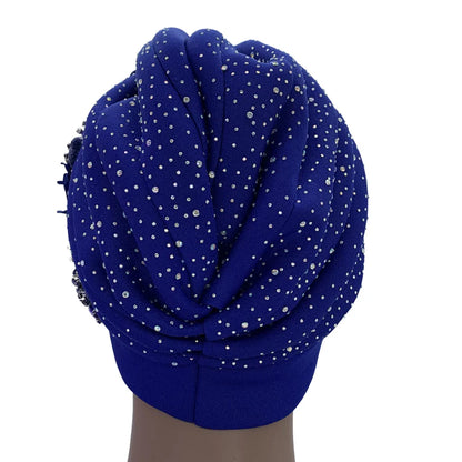 Chic and elegant African turban cap with dazzling rhinestone details, offering a stylish fit for women, sizes 56-58cm.