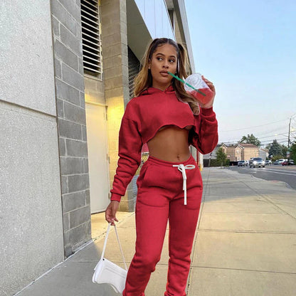 Stylish long sleeve pink fleece cropped hoodie paired with joggers, perfect for women's luxury athletic wear.