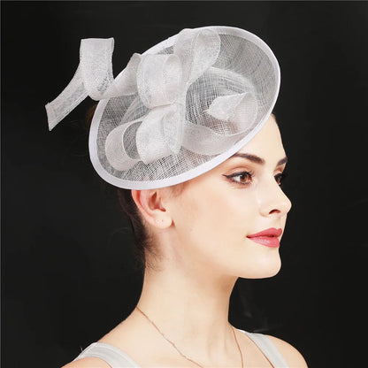 Chic sinamay fascinator styled on a model, exemplifying grace and elegance, suitable for high-class affairs and upscale social events.