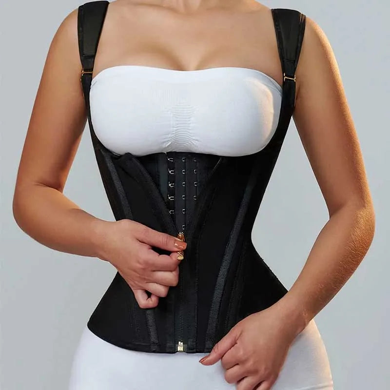 Luxury latex waist cincher corset featuring a stylish zipper and button closure, designed for optimum tummy control, suitable for women seeking elegance and firm shaping.