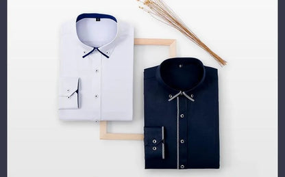 Chic slim fit white shirt for men, embodying modern Korean fashion with solid pattern and high-quality fabric, tailored for a luxurious look.