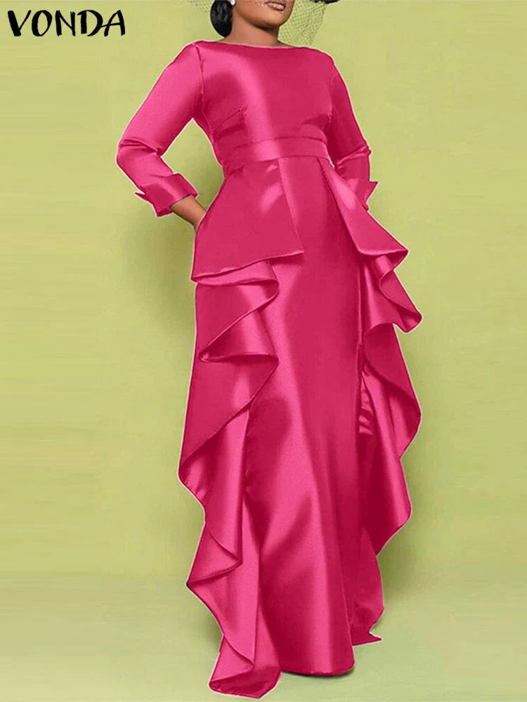 Exclusive VONDA Elegant Plus Size 5XL Bohemian Maxi Long Dress featuring a luxurious satin ruffle design, perfect for parties, beach holidays, or streetwear. Embrace sophistication with this ankle-length sundress for women.