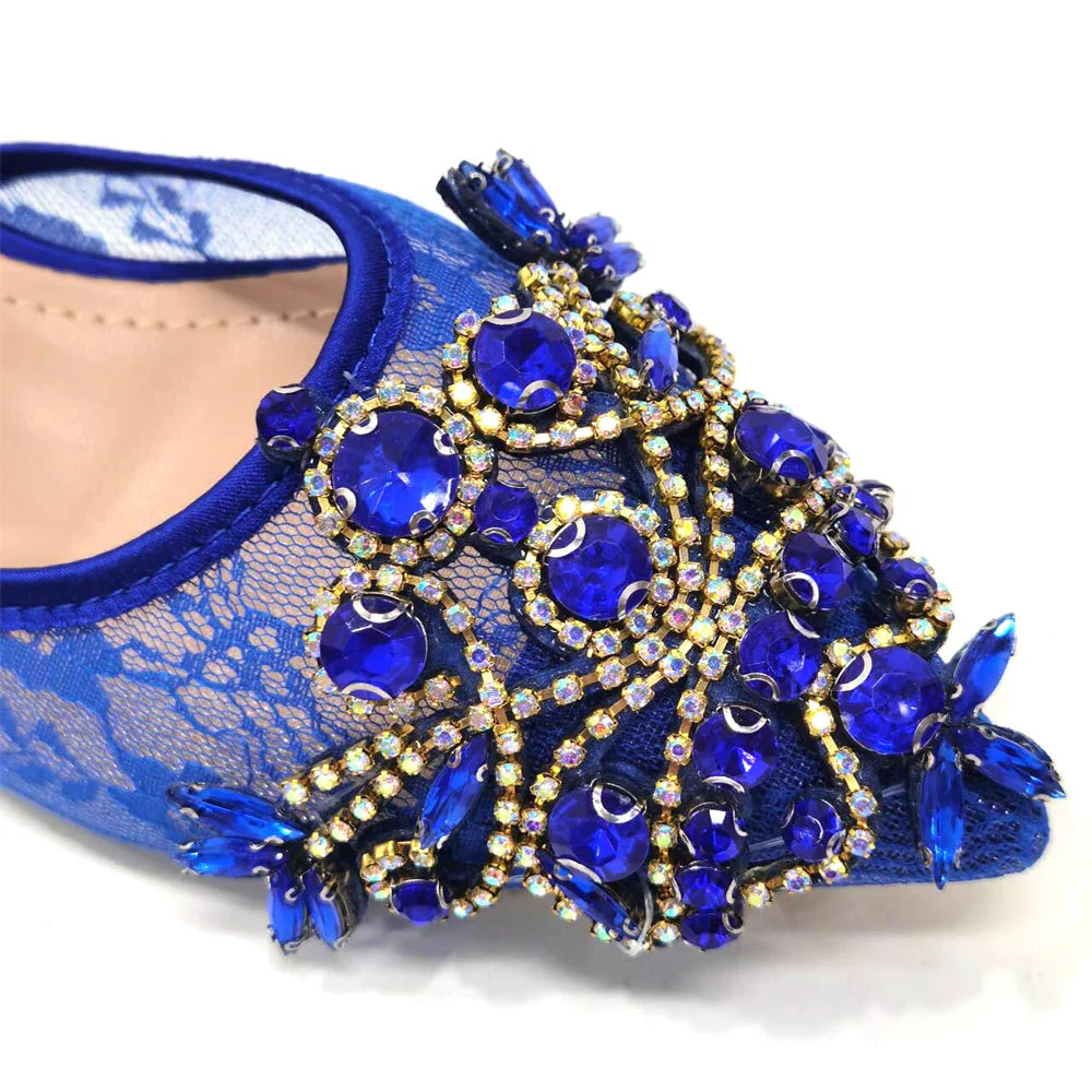 Elegant green lace low heel shoes for women adorned with exquisite crystal detailing, ideal for formal occasions.