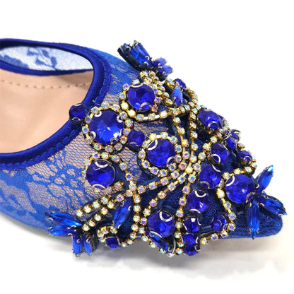 Elegant green lace low heel shoes for women adorned with exquisite crystal detailing, ideal for formal occasions.