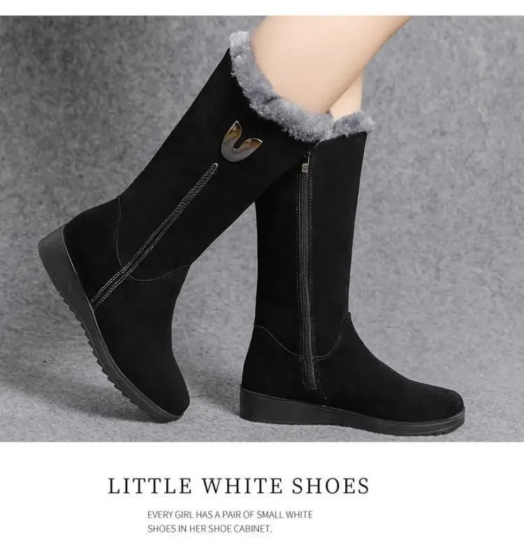 Chic khaki women's warm boots with chunky flat heels, designed for comfort and style during the winter season.