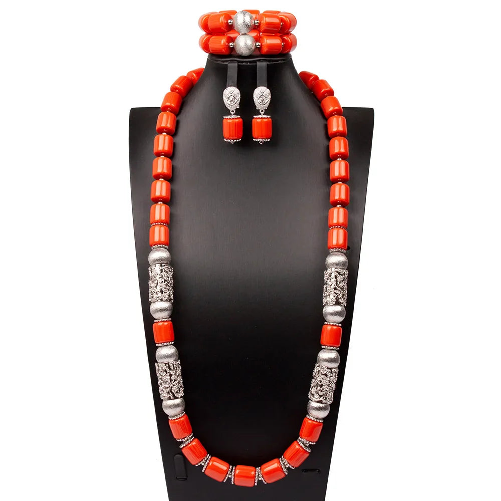 Close-up view of the Luxury African Beads Jewelry Set showcasing intricate details of the bold statement necklace and beautifully designed earrings that embody classic elegance and style.