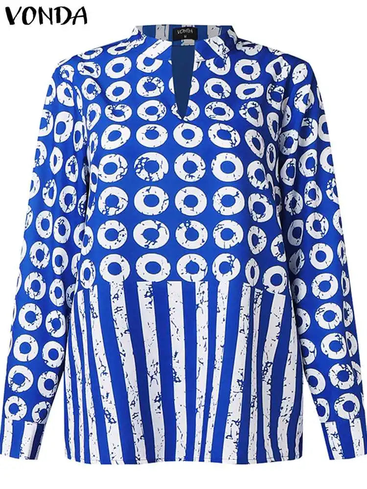 Luxurious Plus Size 5XL VONDA Casual Outfit showcasing a chic Striped Shirt with Elastic Pants, perfect for various occasions including parties and office wear.