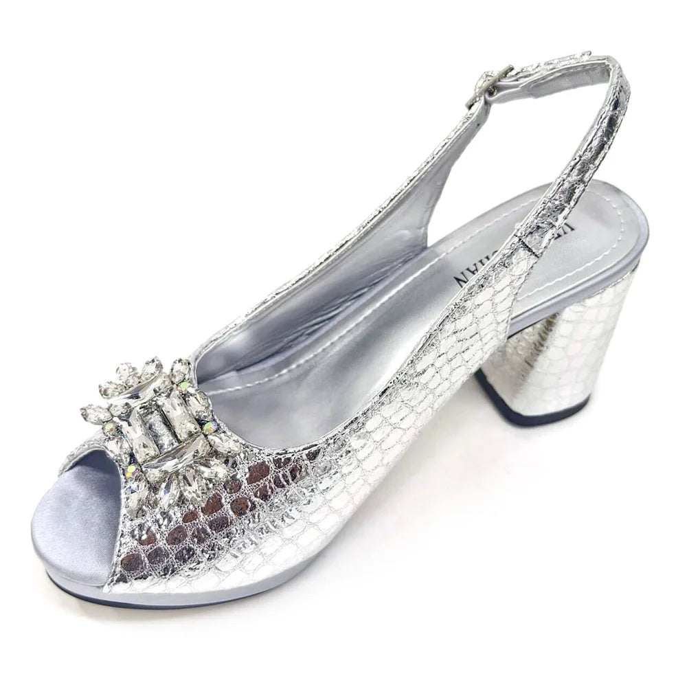Elegant Italian bling rhinestone women's high heel peep toe pumps in mixed colors with spike heels, part of a stylish matching bag set.