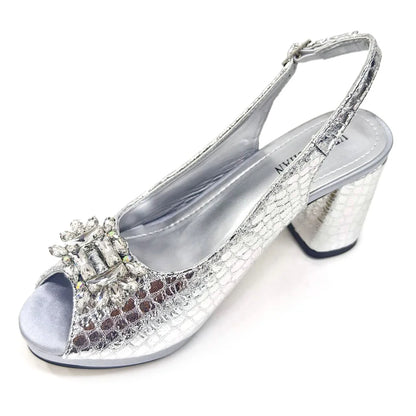 Elegant Italian bling rhinestone women's high heel peep toe pumps in mixed colors with spike heels, part of a stylish matching bag set.