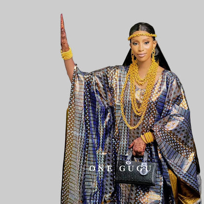 Luxurious African Dashiki Print Boubou gown dress featuring exquisite embroidery lace and sparkling stones, perfect for special occasions.