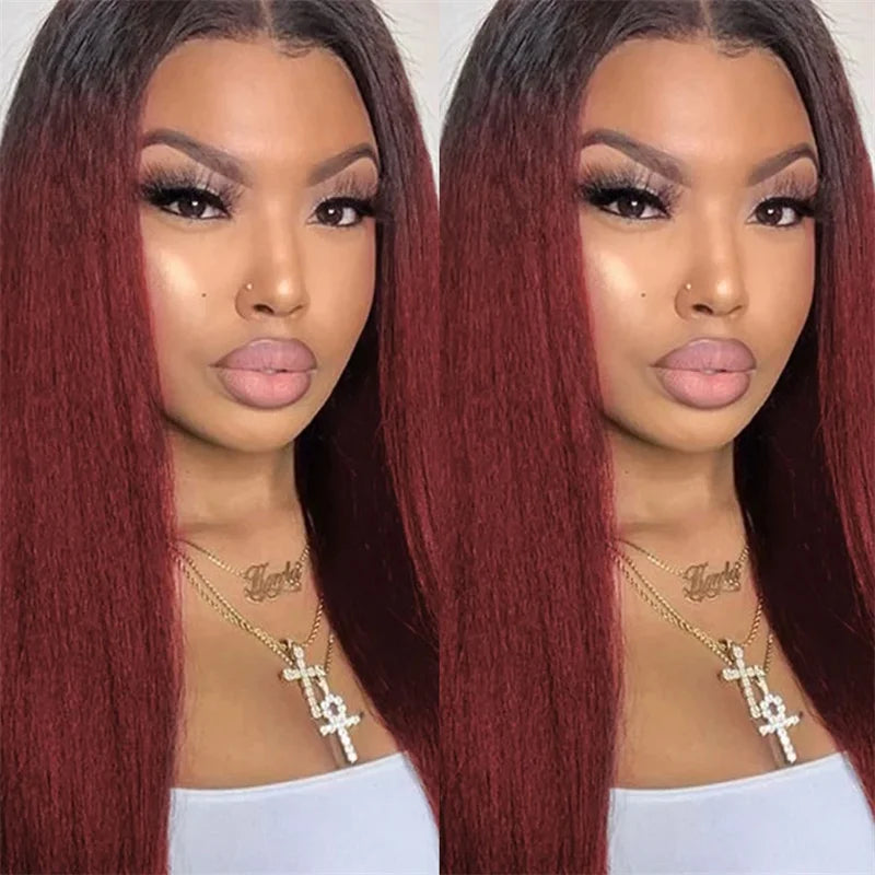 Elegant image showcasing the pre-plucked glueless design of the Yaki Long Ombre Lace Front Wig, perfect for daily luxurious wear.