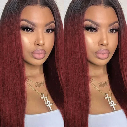 Elegant image showcasing the pre-plucked glueless design of the Yaki Long Ombre Lace Front Wig, perfect for daily luxurious wear.