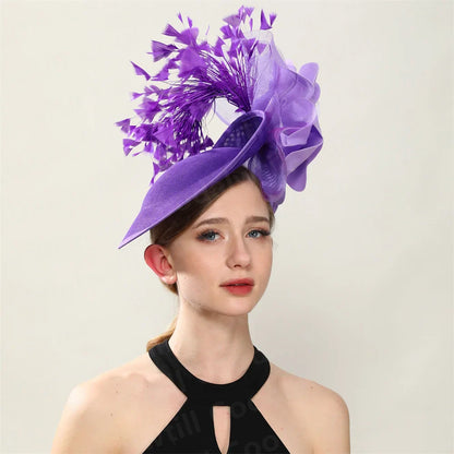 Elegant purple women's fascinator hat featuring a chic pillbox design, perfect for weddings, religious ceremonies, and tea parties.