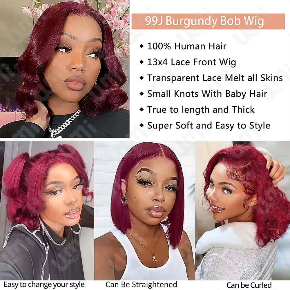 Showcasing the luxurious texture and volume of a 200% density burgundy body wave bob wig, perfect for chic and fashionable hairstyles.