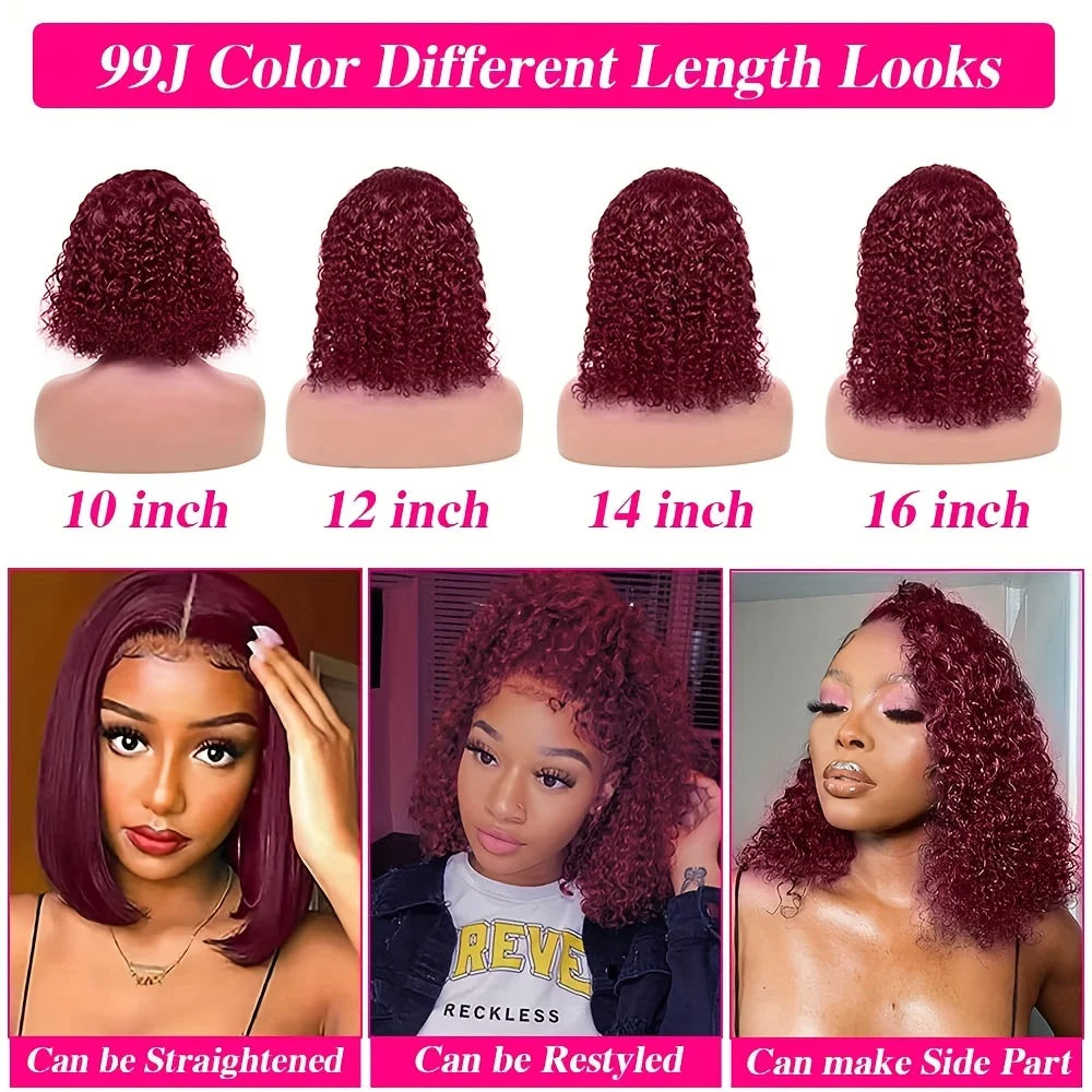 Stunning 100% human hair bob wig in vibrant burgundy, designed with deep wave texture and intricate lace front for a high-end, fashionable hairstyle.