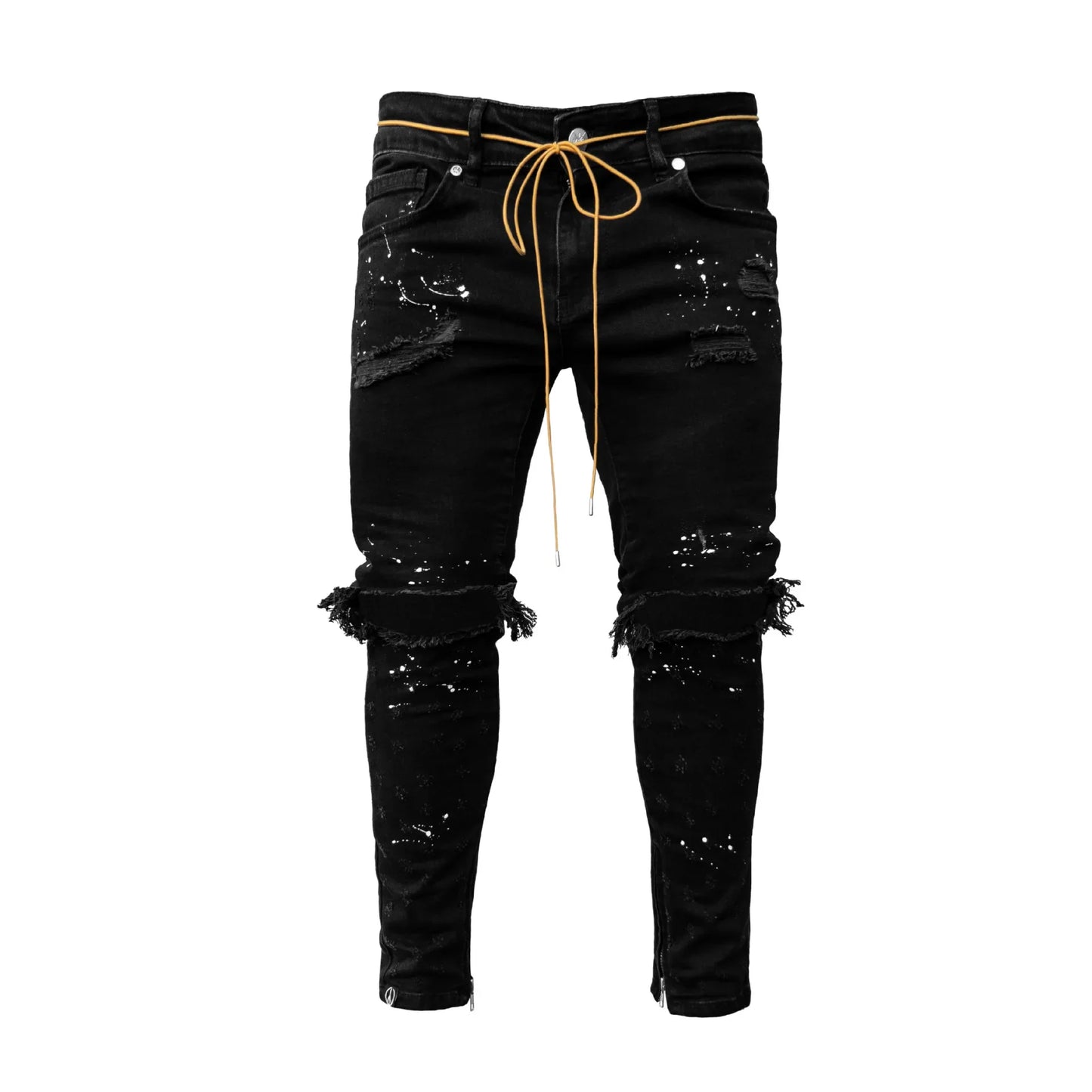 Elegant ripped hole jeans for men, featuring a stylish distressed denim look perfect for hip hop fashion and casual outings.