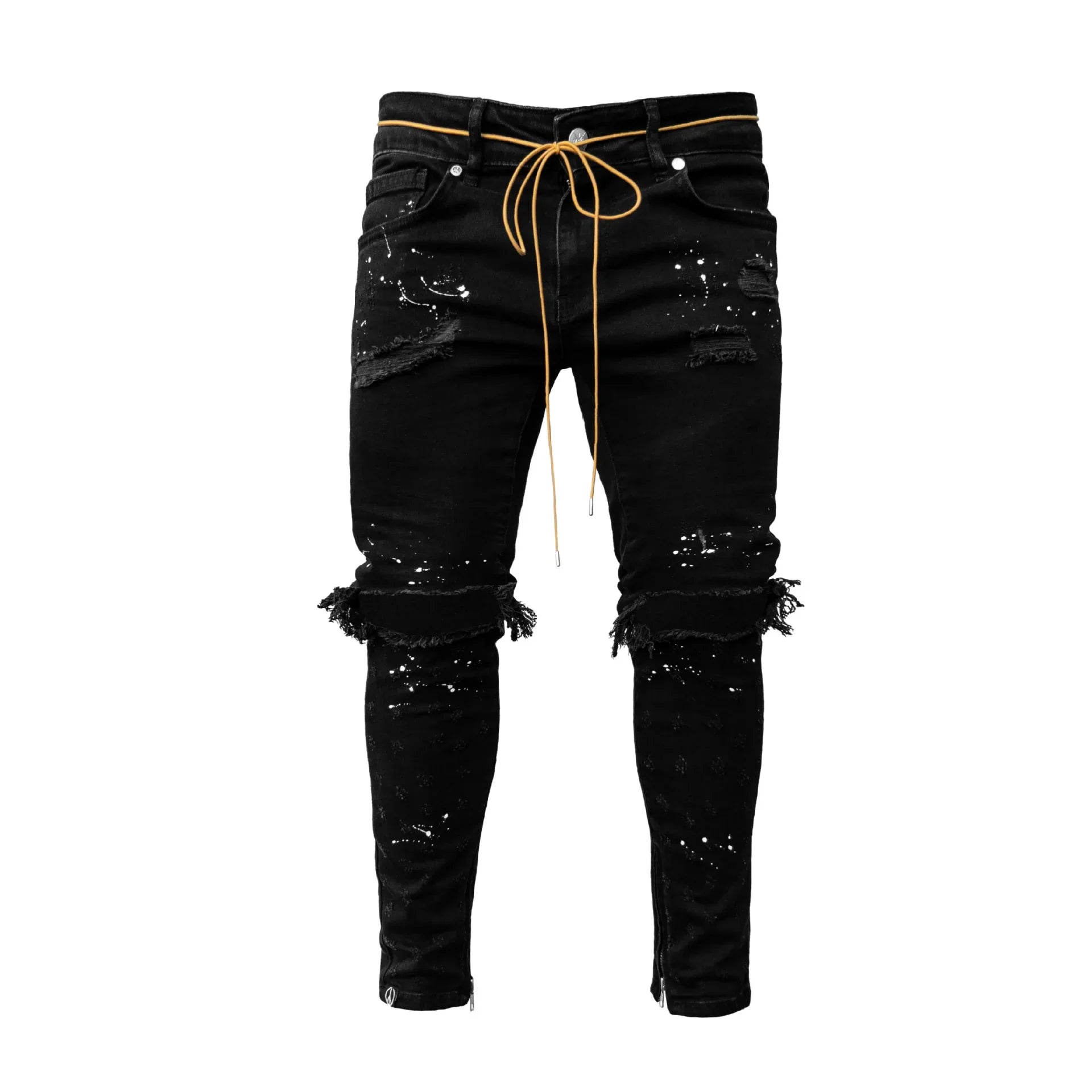 Elegant ripped hole jeans for men, featuring a stylish distressed denim look perfect for hip hop fashion and casual outings.