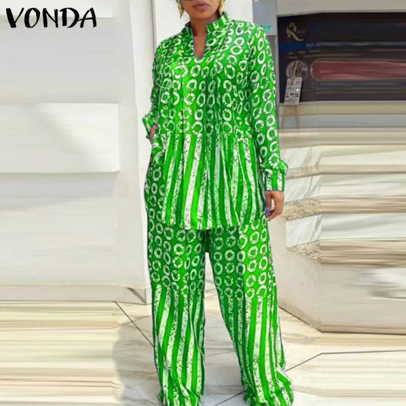 Elegant display of the VONDA women's 5XL matching set, highlighting the exquisite striped shirt paired with stylish elastic pants, suitable for any occasion.