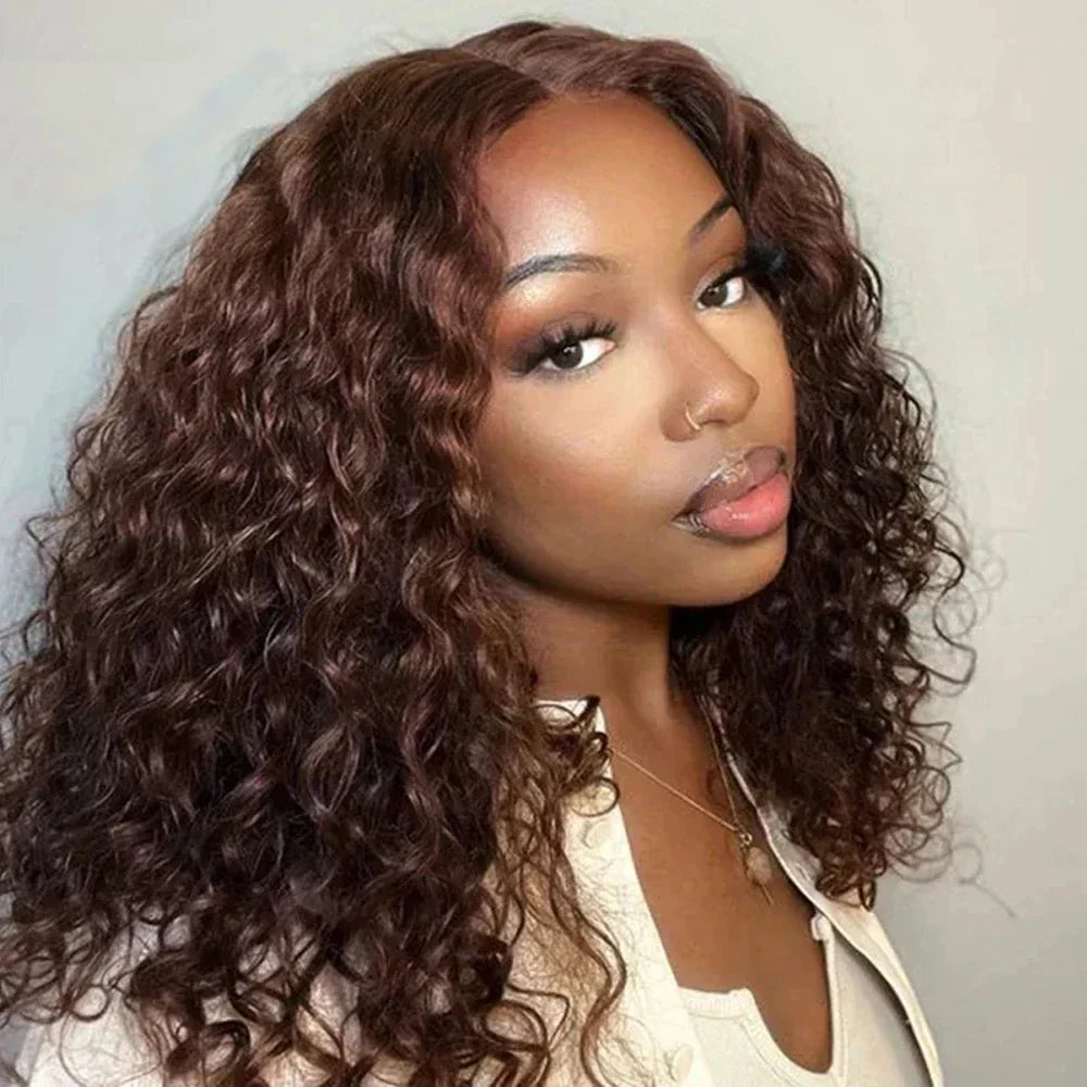 Elegant showcase of the 13x4 Lace Front Brown Kinky Curly Wig, emphasizing its deep wave texture and luxurious brown tones, ideal for chic styling.