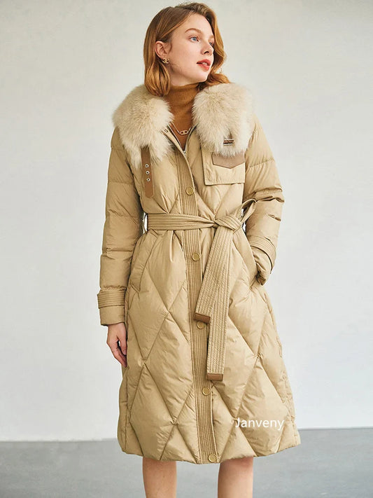 Chic close-up of women's parka jacket showcasing its premium soft texture and high-quality white duck down filling, ideal for cold weather.