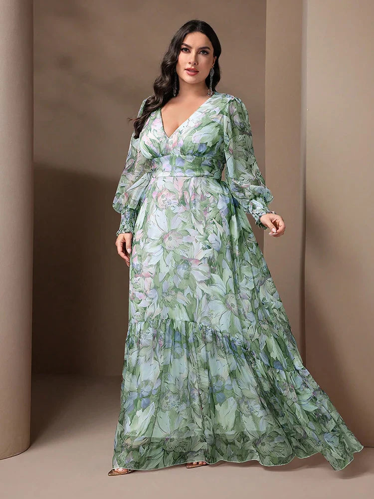 Close-up view of the TOLEEN Plus Size Women's Long Dress with intricate floral patterns and lightweight polyester fabric, showcasing the luxurious ruffle detailing.