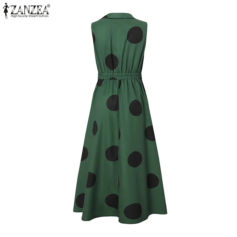 Elegant ZANZEA polka dot maxi dress for women, featuring a sleeveless design, perfect for office and holiday occasions.