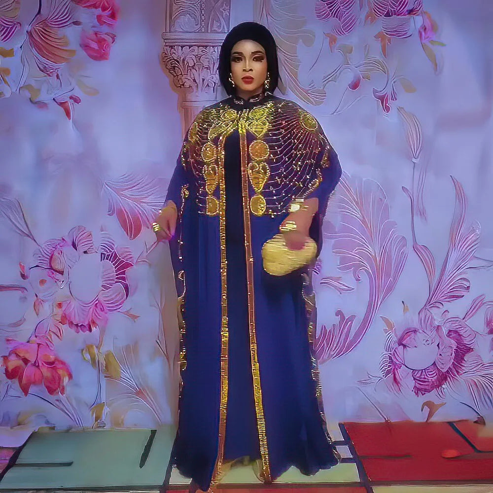 Elegant Luxury Rhinestone Two-Piece Chiffon African Dress Set for Plus Size Women, featuring exquisite Bubu style.