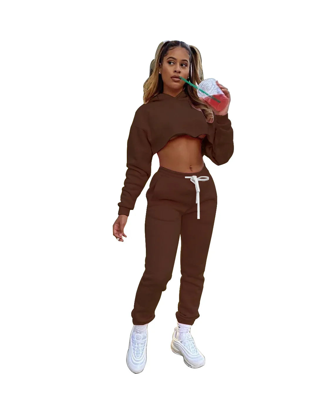Luxury women's pink fleece running set featuring a long sleeve cropped hoodie and jogger tracksuit with a stylish spliced design.