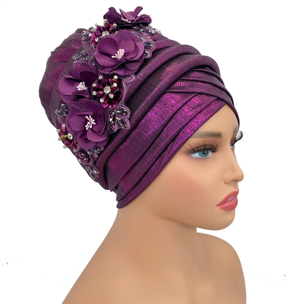 Close-up view of a glamorous turban hat with slight stretch, designed for all-season wear and comfort.