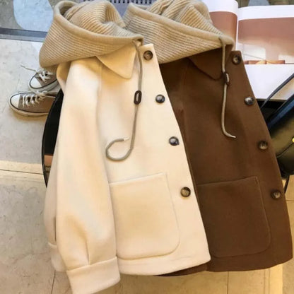 Elegant two-piece knitted sweater set paired with a luxurious plus-size woolen coat, ideal for stylish winter layering.