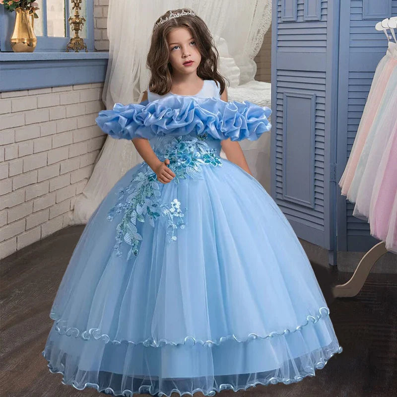 Charming ankle-length ball gown for girls featuring a cute O-neck design, ideal for formal wear and elegant events.