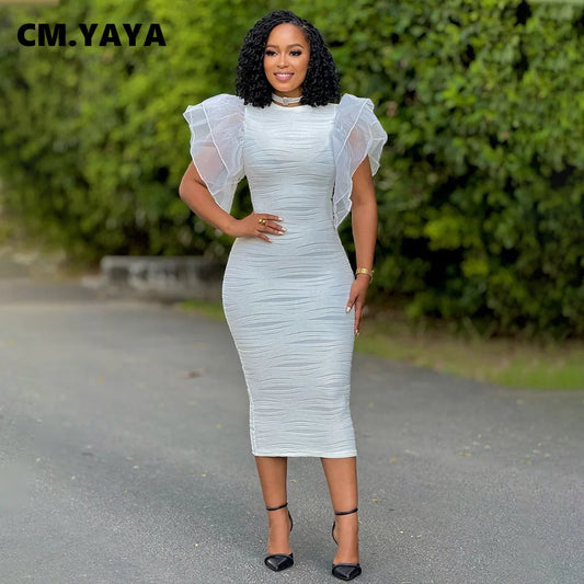 Close-up of the exquisite details on the CM.YAYA Striped Dress, showcasing the soft polyester blend and stylish ruffle design.