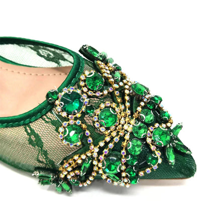 Stylish mini bag set accompanying green lace low heel shoes, ideal for sophisticated evening wear.