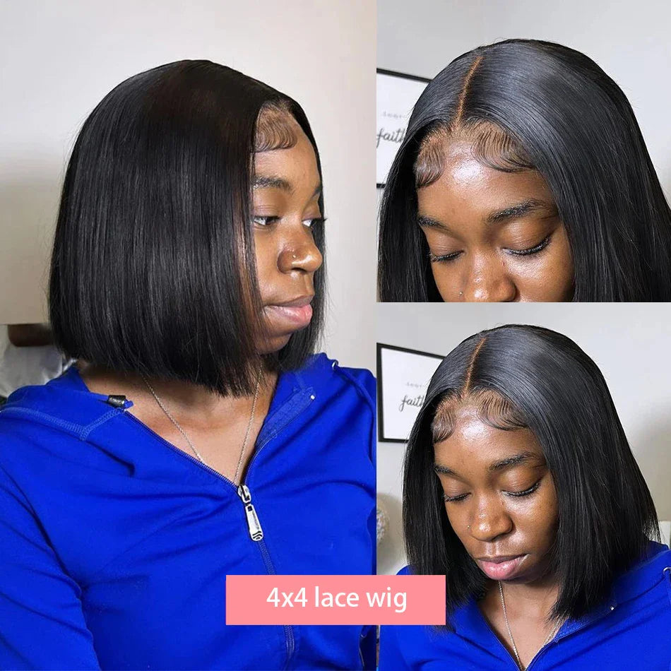 Diverse hair styling options featuring the 14 inch Brazilian Remy bob wig, ideal for all hair colours and showcasing the versatility of this luxurious lace frontal unit.