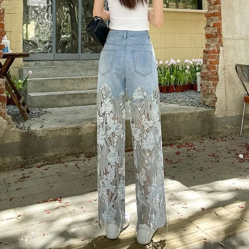 Full length view of women's capris jeans with a flattering mid-waist, combining comfort and style with unique  embellishments.