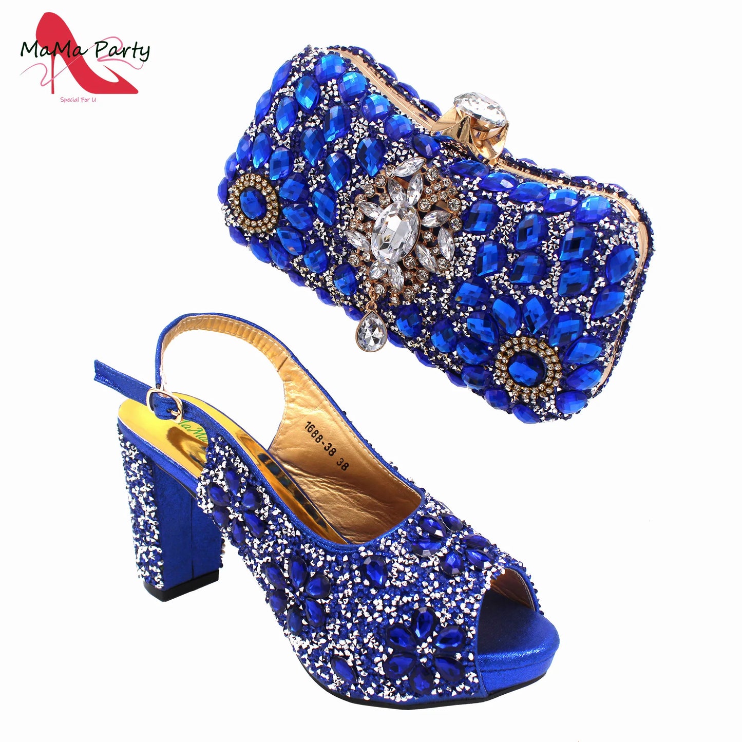 Close-up view of luxurious red peep toe sandals with a square heel, showcasing intricate crystal embellishments.