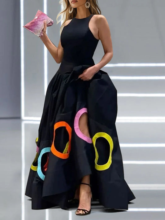 Elegant maxi dress for women featuring a stunning rainbow print, A-line silhouette, and hollow out high waist design, perfect for summer parties.