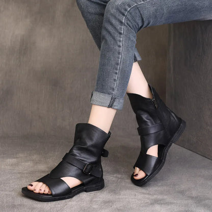 Elegantly crafted handmade vintage leather open-toe flat sandals for women, featuring a stylish side zipper in a casual gladiator design.