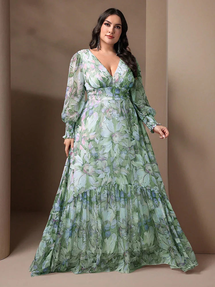 Elegant TOLEEN Plus Size Women's V-Neck Floral Print Long Dress featuring luxurious lantern sleeves and delicate ruffles, perfect for casual spring and summer occasions.