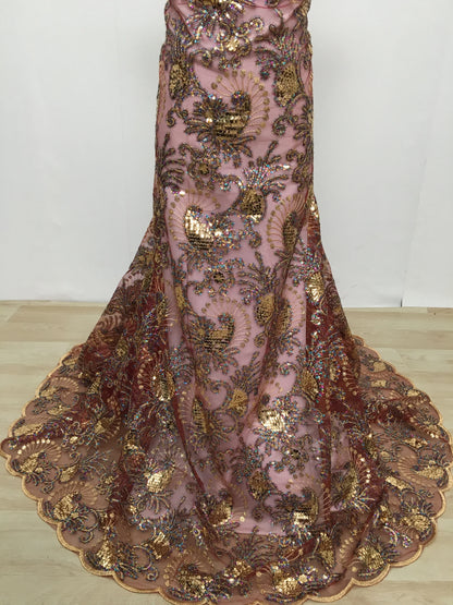 Stylish display of Kalume lace fabric, combining eco-friendly polyester-cotton material with intricate braided technics for luxury garments.