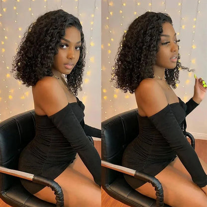 14 Inch Short Curly Bob Wig crafted from 100% Human Hair, showcasing Deep Wave texture and elegant lace front design.