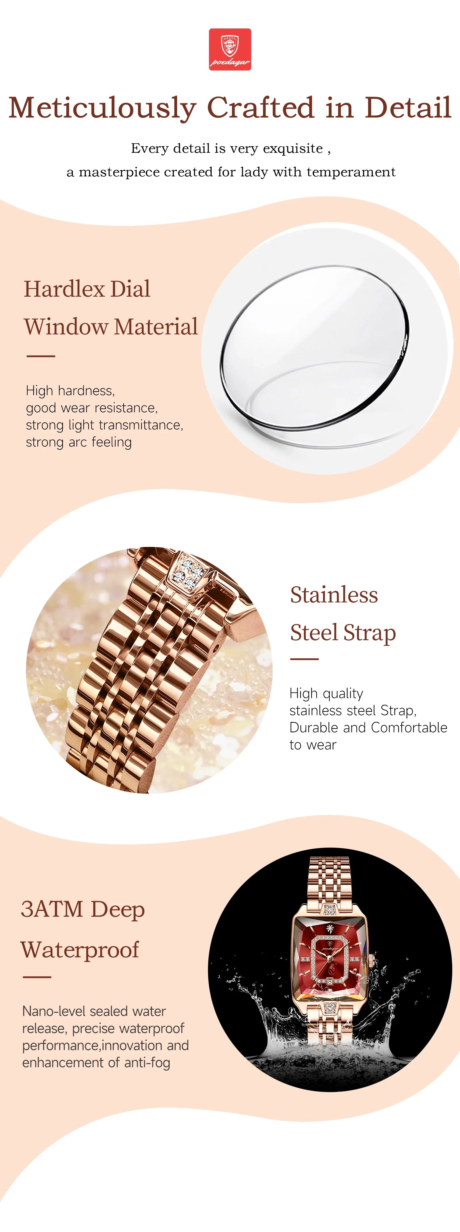 Stylish POEDAGAR rectangle watch displayed on a table, emphasising its water resistance and luxurious aesthetics for those who appreciate fine timepieces.