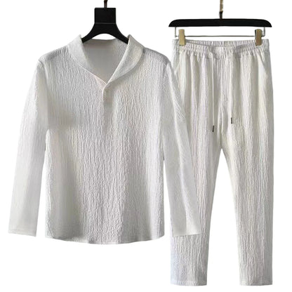 Elegant short sleeve shirt and long pants set for men, designed for casual summer outings, showcasing a high-quality polyester fabric and refined style.