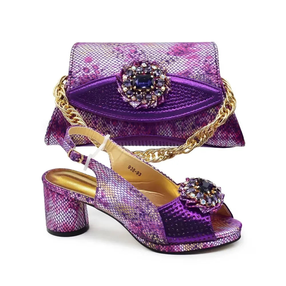 Full view of the elegant women's Italian shoe and bag set, featuring stunning rhinestone accents and a chic design for fashionable outings.