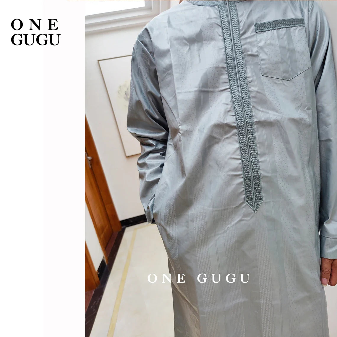 Elegant detail of the blue cotton shirt from the premium African 2-piece men's set, showcasing traditional Nigerian Dashiki patterns, ideal for special occasions.