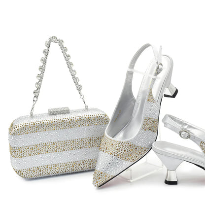 A chic and stylish slingback pump on display, showcasing luxurious materials and intricate crystal detailing, designed for the discerning fashionista.