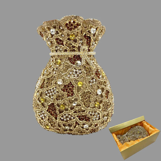 Luxury women's crystal clutch evening bag in metallic finish, designed for special occasions and parties, featuring a classic minaudiere shape with diamond decoration.