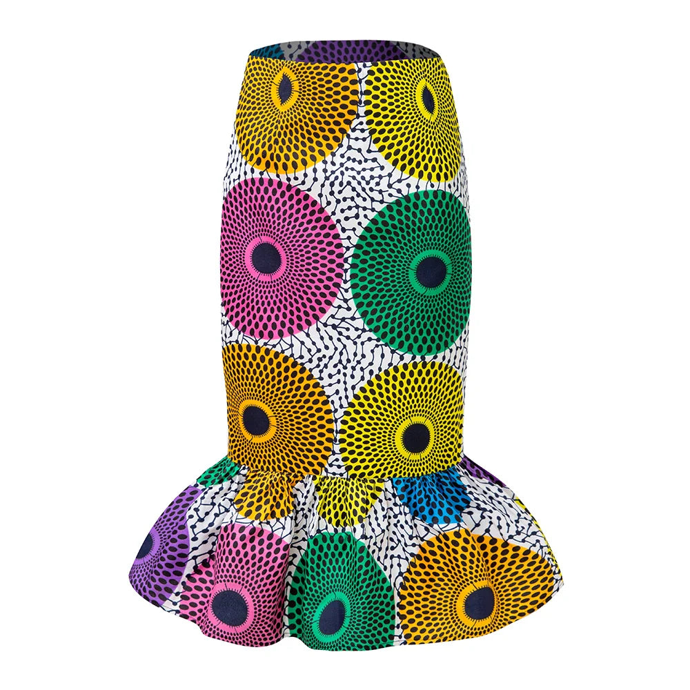 Elegant Ankara wax print midi skirt designed for women, showcasing rich patterns ideal for weddings and parties.