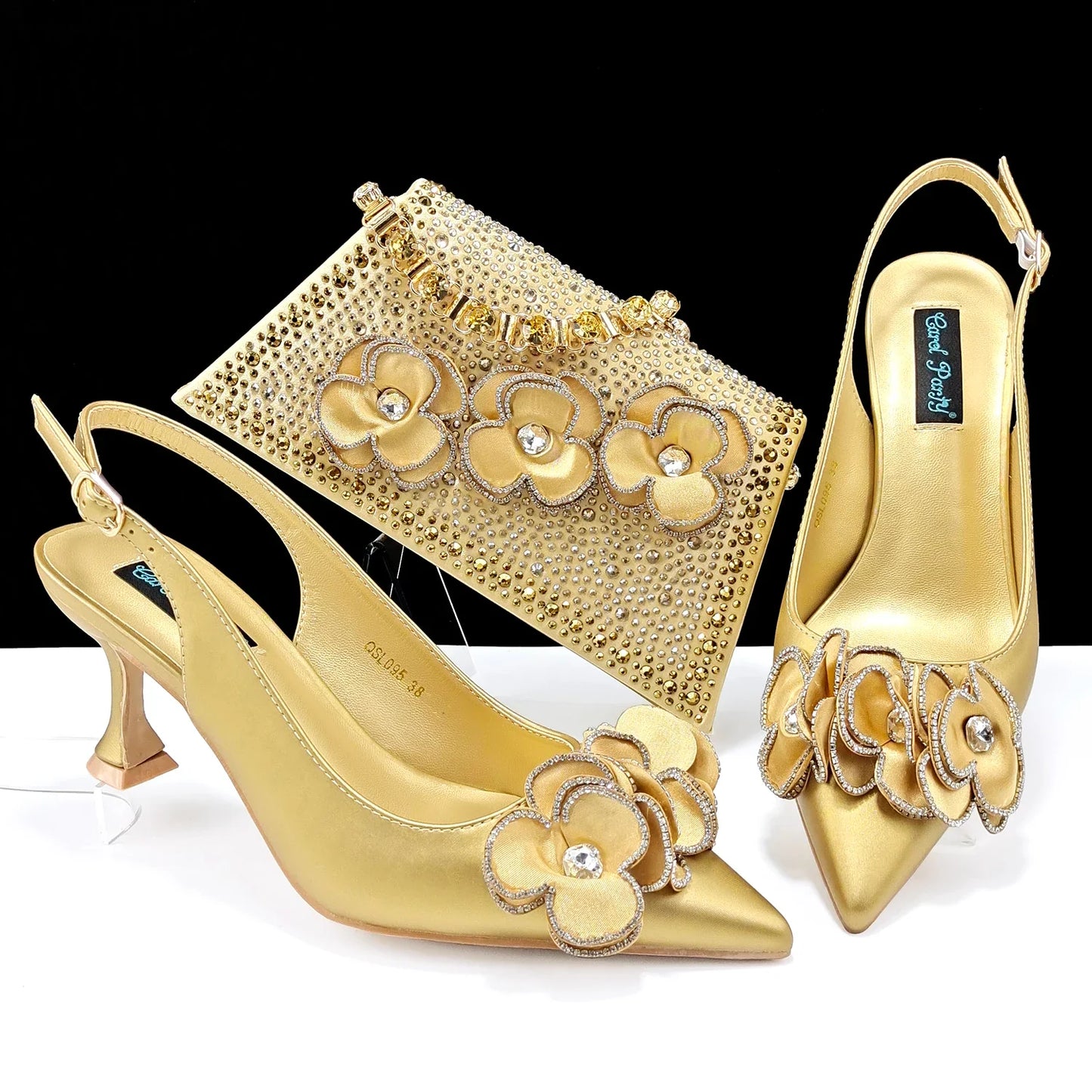 High-heeled rhinestone flower pumps, ideal for special occasions, elegantly styled for women with sophisticated taste.